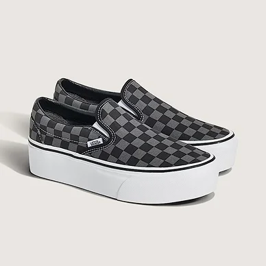 Black Pewter Grey Classic Slip-On Platform Checkerboard Shoe