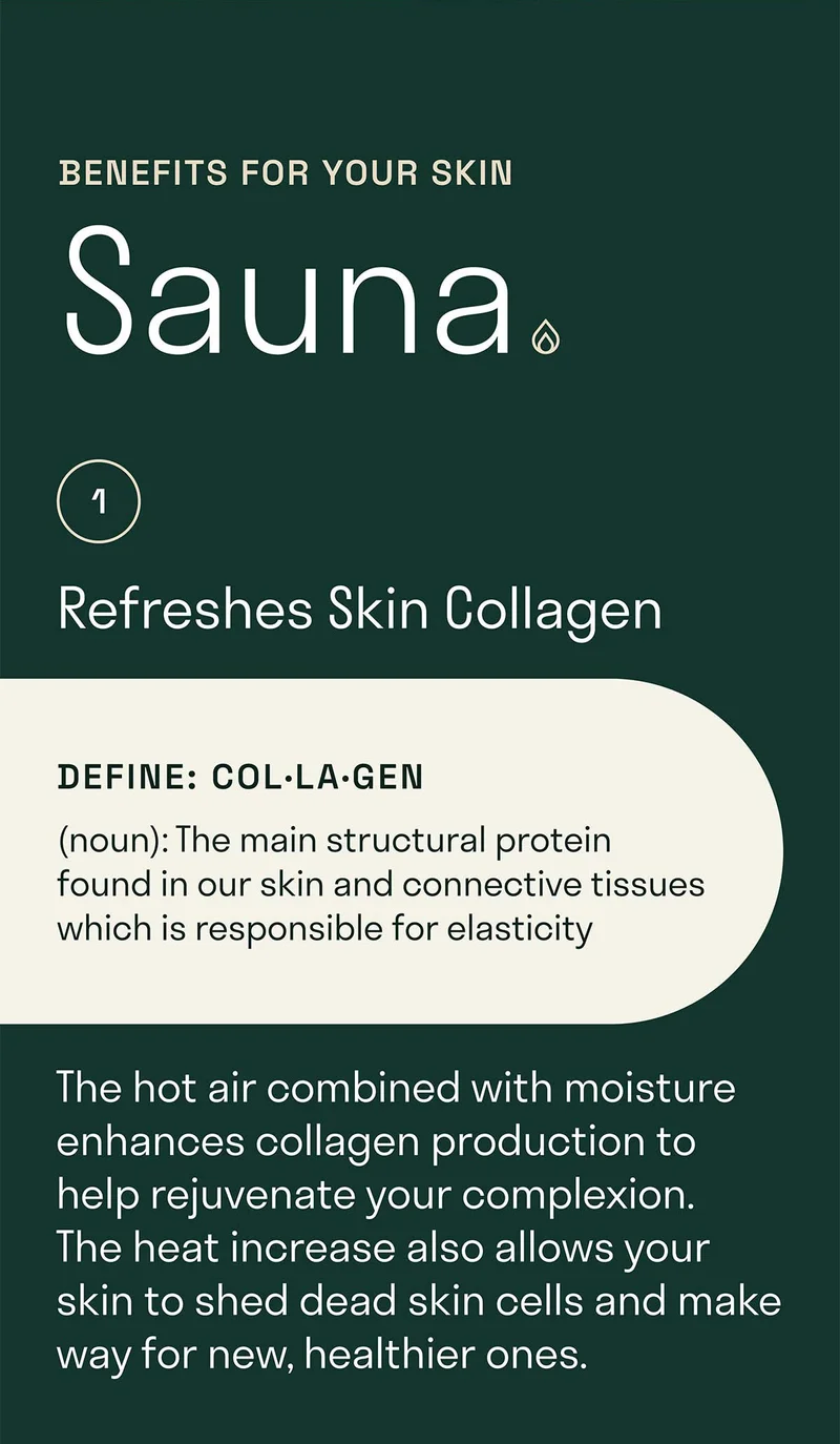 Benefits for your skin: Sauna. Refreshes skin collagen.