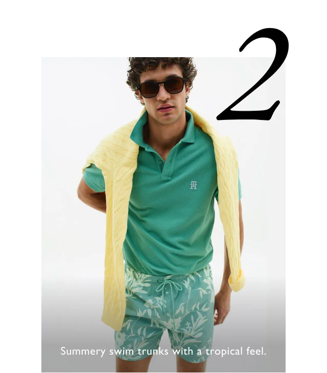 Summery swim trunks with a tropical feel.