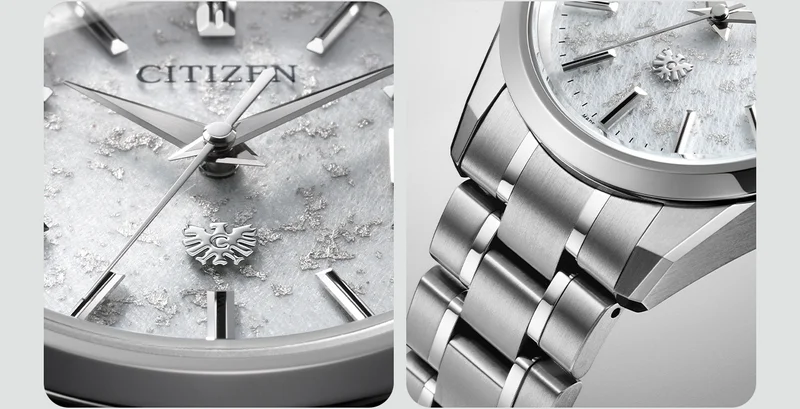 Close-up shots of the white and platinum accented Tosha washi dial on The Citizen Dial.
