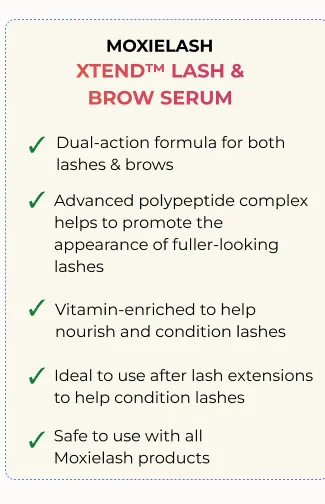 List of Moxielash Xtend Lash and Brow Serum benefits including dual-action formula, polypeptide complex, and vitamin enrichment