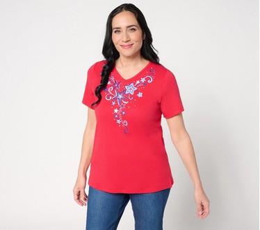 Quacker Factory Aim For the Stars V-Neck Short Sleeve Top