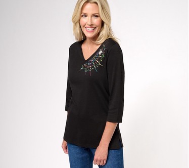 Quacker Factory The Web Embroidered V-Neck 3/4 Sleeve Top