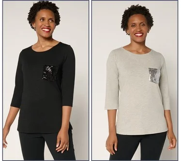 Quacker Factory Set of 2 Sequin Pocket 3/4 Sleeve Tops