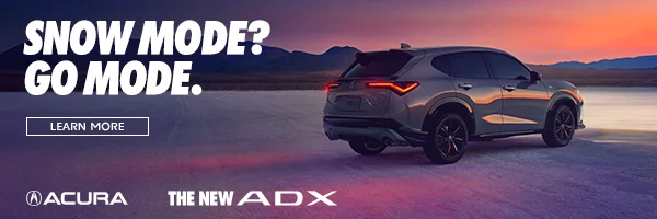 Acura Footer ad. Text that reads: "Snow mode? Go mode. Acura, the New ADX."