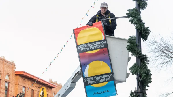 Image of 2026 Sundance Film Festival Banners being put up in Park City.