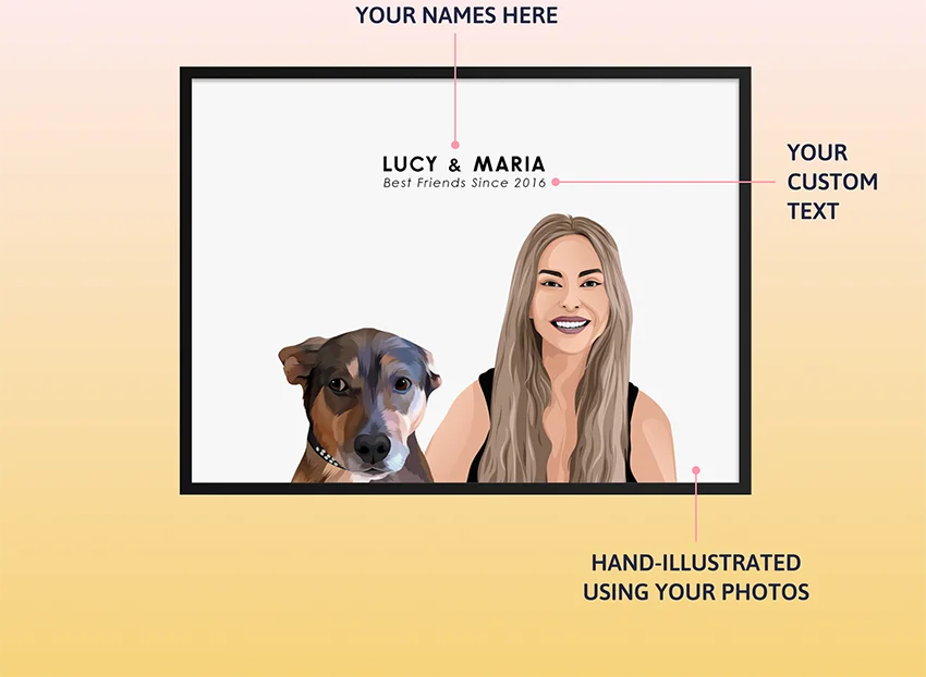 Portrait features: Enter your names, any custom text and upload your photos!