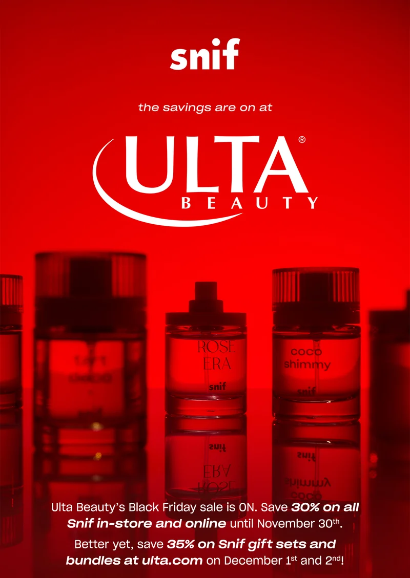 Ulta Beauty’s Black Friday sale is ON. Save 30% on all Snif in-store and online until November 30th.  Better yet, save 35% on Snif gift sets and bundles at ulta.com on December 1st and 2nd!