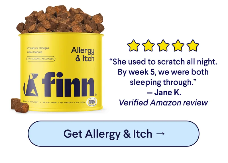 TEXT: “She used to scratch all night. By week 5, we were both sleeping through.”  — Jane K. Verified Amazon review. CTA:&nbsp;Get Allergy & Itch →