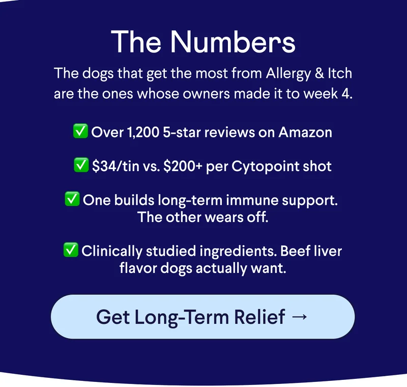 TEXT: The Numbers: The dogs that get the most from Allergy & Itch are the ones whose owners made it to week 4. ✅ Over 1,200 5-star reviews on Amazon  ✅ $34/tin vs. $200+ per Cytopoint shot  ✅ One builds long-term immune support.  The other wears off.  ✅ Clinically studied ingredients. Beef liver flavor dogs actually want. CTA: Get Long-Term Relief →