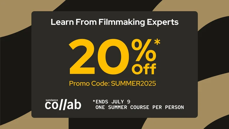 20% off promotion graphic. Text reads: Learn from filmmaking experts. 20% off. Promo code: discount code. Ends July 9. One summer course per person.