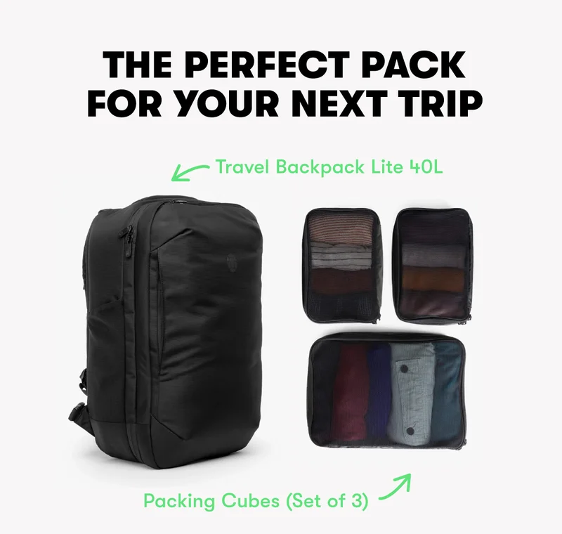 The Perfect Pack For Your Next Trip | Travel Backpack Lite 40L and Packing Cubes (set of 3)