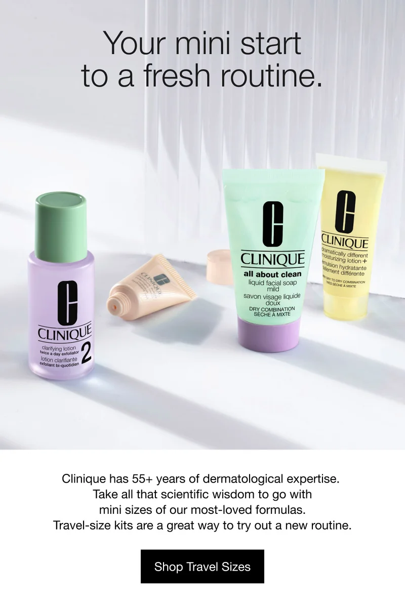 Your mini start to a fresh routine. | Clinique has 55+ years of dermatological expertise.&nbsp;Take all that scientific wisdom to go with mini sizes of our most-loved formulas. Travel-size kits are a great way to try out a new routine. | Shop Travel Sizes