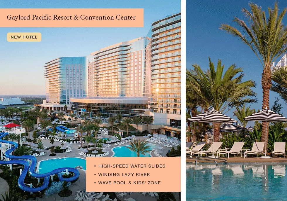 Animated gif of various properties with waterparks and pools. Features Gaylord Pacific Resort and Convention Center, JW Marriott San Antonio Hill Country Resort & Spa, Wailea Beach Resort - Marriott, Maui, and Moxy Miami South Beach.