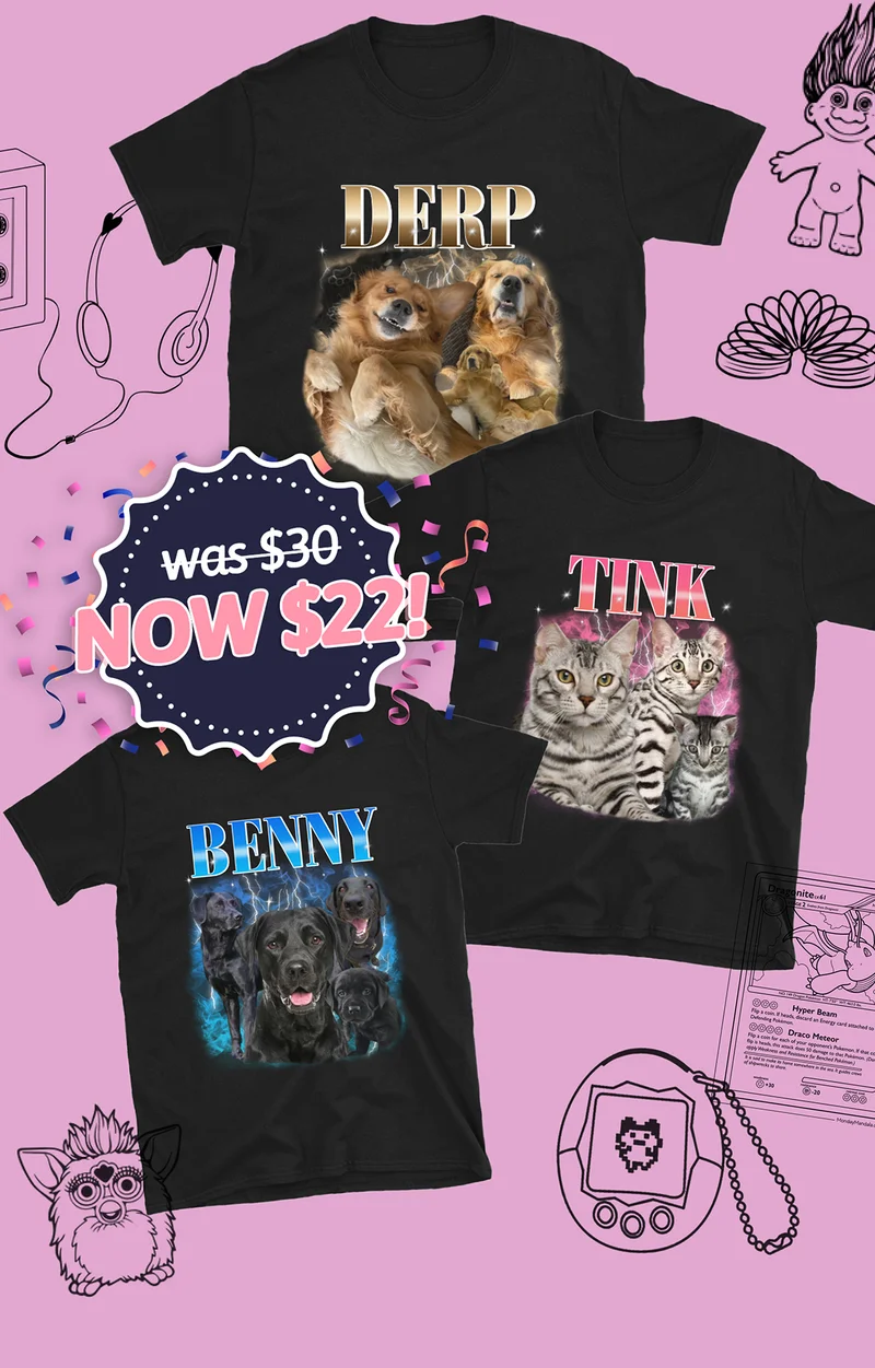 Three vintage pet face t-shirts with a sticker "was $30. NOW $22"