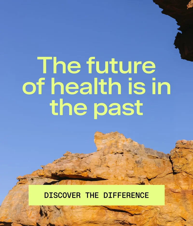 Rock landscape with text: ‘The future of health is in the past.’ Rock landscape with text: ‘The future of health is in the past.’