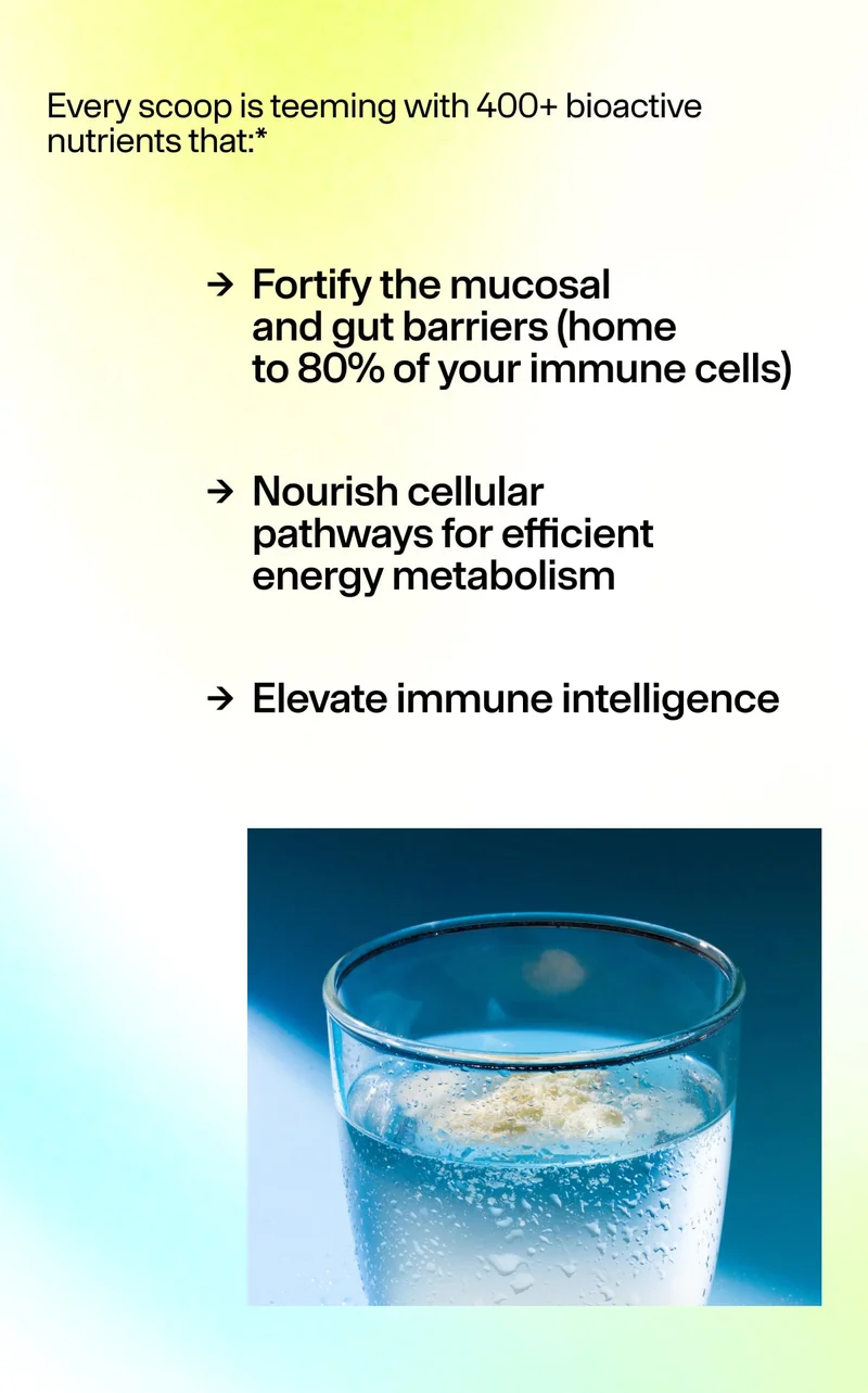 Text listing colostrum benefits including gut barrier support, cellular energy, and immune function. Text listing colostrum benefits including gut barrier support, cellular energy, and immune function.