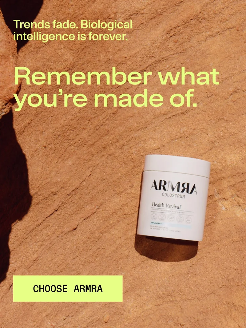 ARMRA colostrum container on stone background with text: ‘Remember what you’re made of.' ARMRA colostrum container on stone background with text: ‘Remember what you’re made of.'