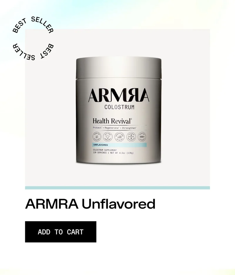 ARMRA Colostrum Health Revival unflavored jar with ‘Add to cart’ button. ARMRA Colostrum Health Revival unflavored jar with ‘Add to cart’ button.