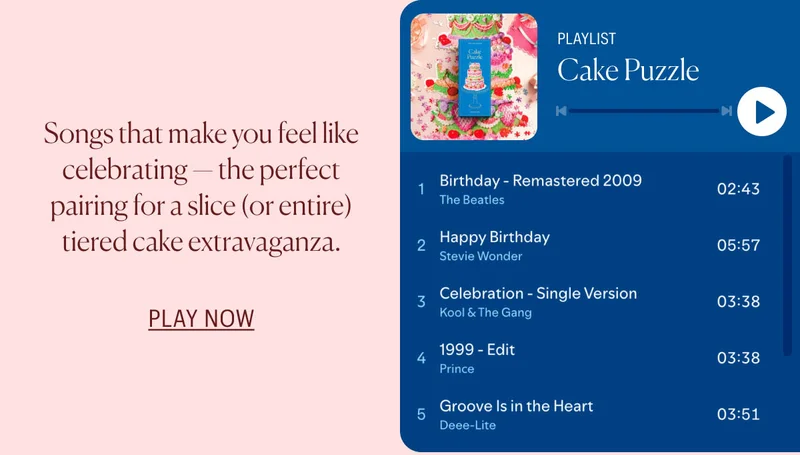 Cake Puzzle Playlist: Songs that make you feel like celebrating - the perfect pairing for a slice (or entire) tiered cake extravaganza.