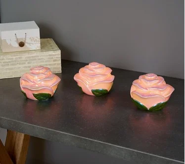 Set of 3 4" Illuminated Iridescent Porcelain Roses by Valerie