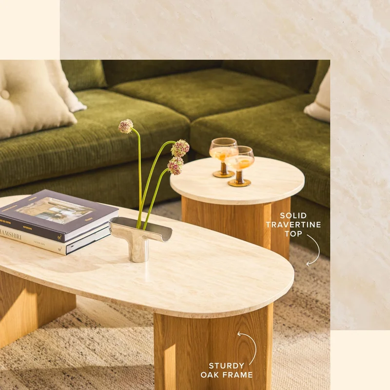 This new collection's unique mottled-stone top and oak-toned frame may not be cozy, but they sure look it.