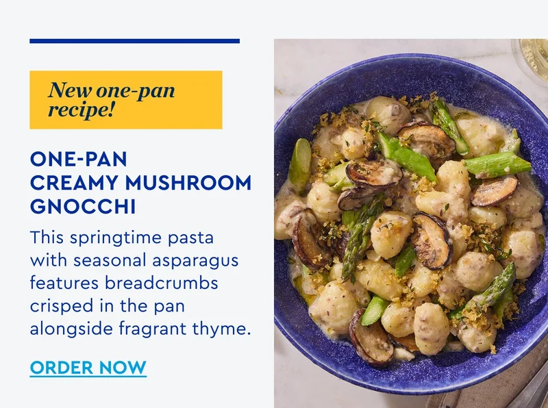 New One Pan Recipe - One-Pan Creamy Mushroom Gnocchi - This springtime pasta with seasonal asparagus features breadcrumbs crisped in the pan alongside fragrant thyme. | ORDER NOW