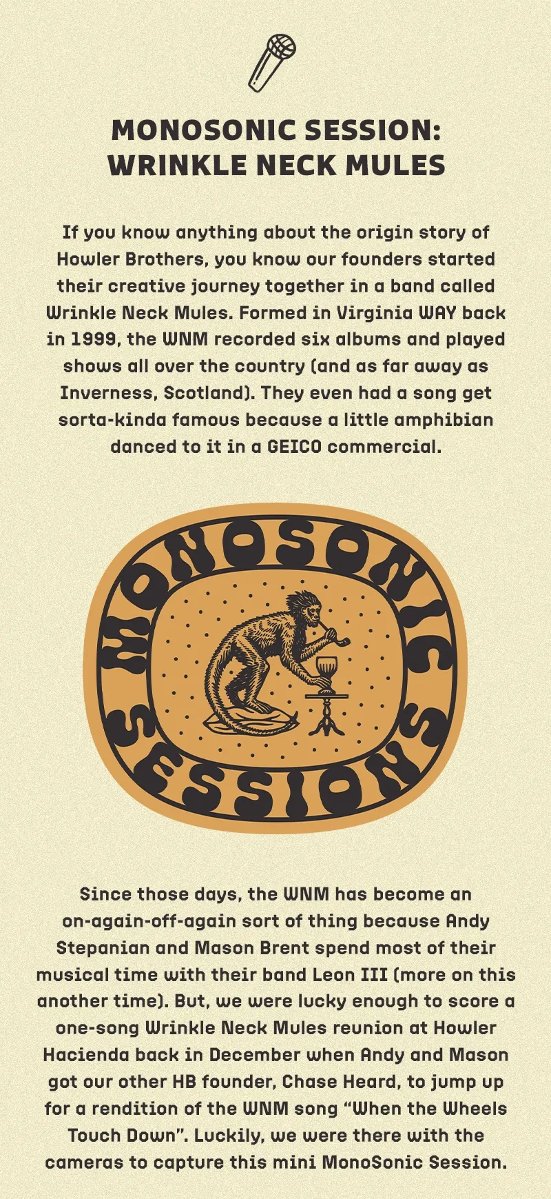 If you know anything about the origin story of Howler Brothers, you know our founders started their creative journey together in a band called Wrinkle Neck Mules. Formed in Virginia WAY back in 1999, the WNM recorded six albums and played shows all over the country (and as far away as Inverness, Scotland). They even had a song get sorta-kinda famous because a little amphibian danced to it in a GEICO commercial.  Since those days, the WNM has become an on-again-off-again sort of thing because Andy Stepanian and Mason Brent spend most of their musical time with their band Leon III (more on this another time). But, we were lucky enough to score a one-song Wrinkle Neck Mules reunion at Howler Hacienda back in December when Andy and Mason got our other HB founder, Chase Heard, to jump up for a rendition of the WNM song “When the Wheels Touch Down”. Luckily, we were there with the cameras to capture this mini MonoSonic Session.
