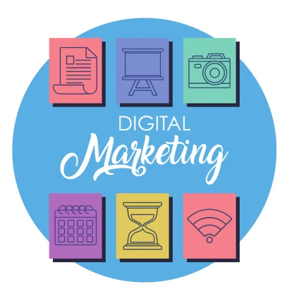 A graphic with the words 'Digital Marketing' in a colorful, playful font, surrounded by icons representing different aspects of digital marketing.