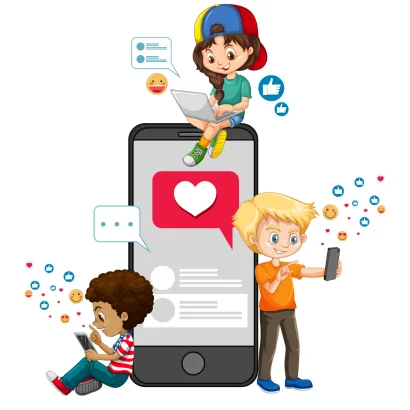 A cartoon-style illustration of three kids using social media on their phones. One kid is sitting on top of a giant phone, another is looking at their phone while sitting down, and the third is standing and taking a selfie.