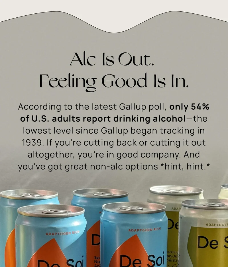 Alc Is Out.  Feeling Good Is In. | According to the latest Gallup poll, only 54% of U.S. adults report drinking alcohol—the lowest level since Gallup began tracking in 1939. If you're cutting back or cutting it out altogether, you're in good company. And you've got great non-alc options *hint, hint.*