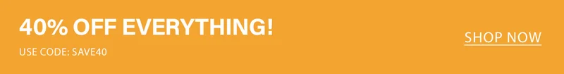Vibrant orange banner advertising a 40% off sitewide sale. Text reads "40% OFF EVERYTHING! Use code: discount code." Click Shop Now to save!
