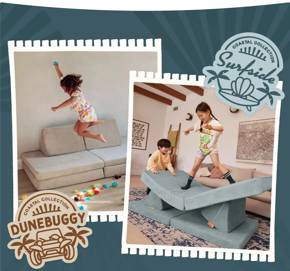 Images of children playing on Nugget® and Chunk™ Play Furniture in Dunebuggy and Surfside colors.