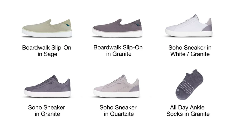 Boardwalk Slip-On in Sage. Boardwalk Slip-On in Granite. Soho Sneaker in White / Granite. Soho Sneaker in Granite. Soho Sneaker in Quartzite. All Day Ankle Socks in Granite.