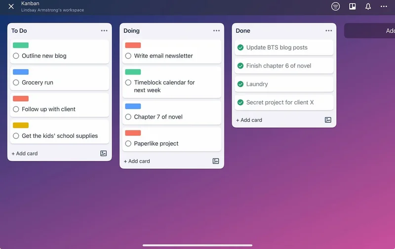 Screenshot of a Trello board showing three columns labeled To Do, In Progress, and Done, with colorful cards organized under each.