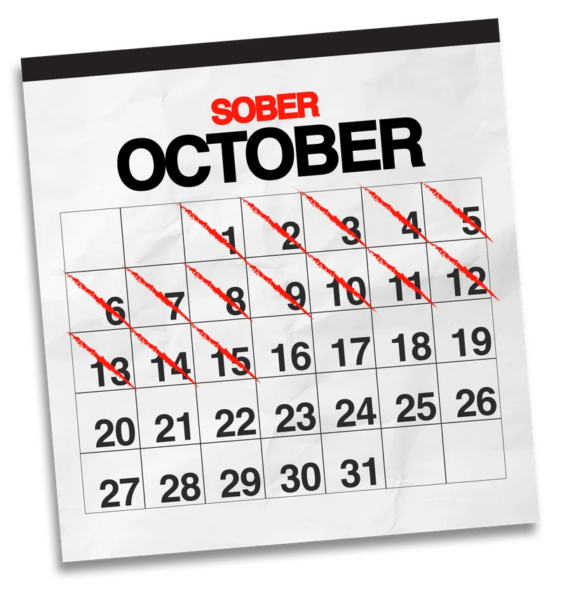 Sober October Calendar - Days 1-15 marked off.