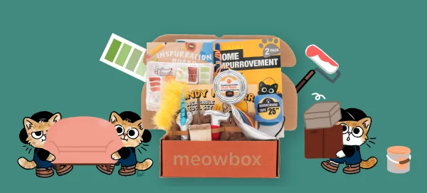 Image of the Ameowzing Home Makeovers meowbox (featuring toys like the Inspurration Board scratcher, Home Impurrovement 2 pack, Handy Helpurr Wearable Tool Set toys and more).