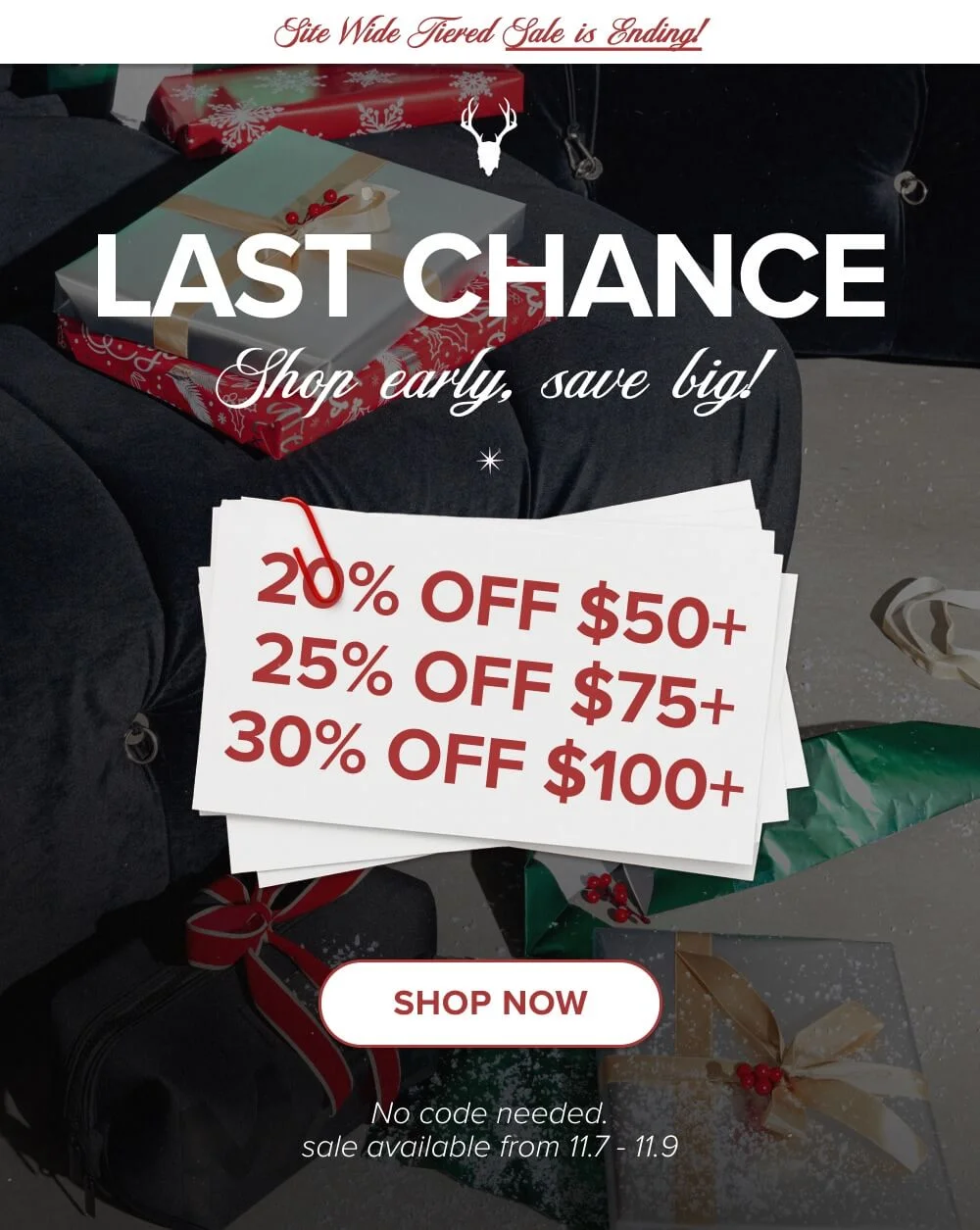 Last Chance 20% off $50+ 25% off $75+ 30% off $100+  [ SHOP NOW ]