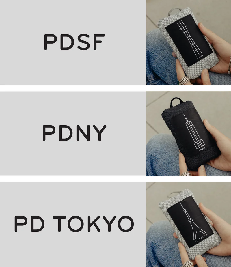 Each City Edition Packable Tote and which store it corresponds to.