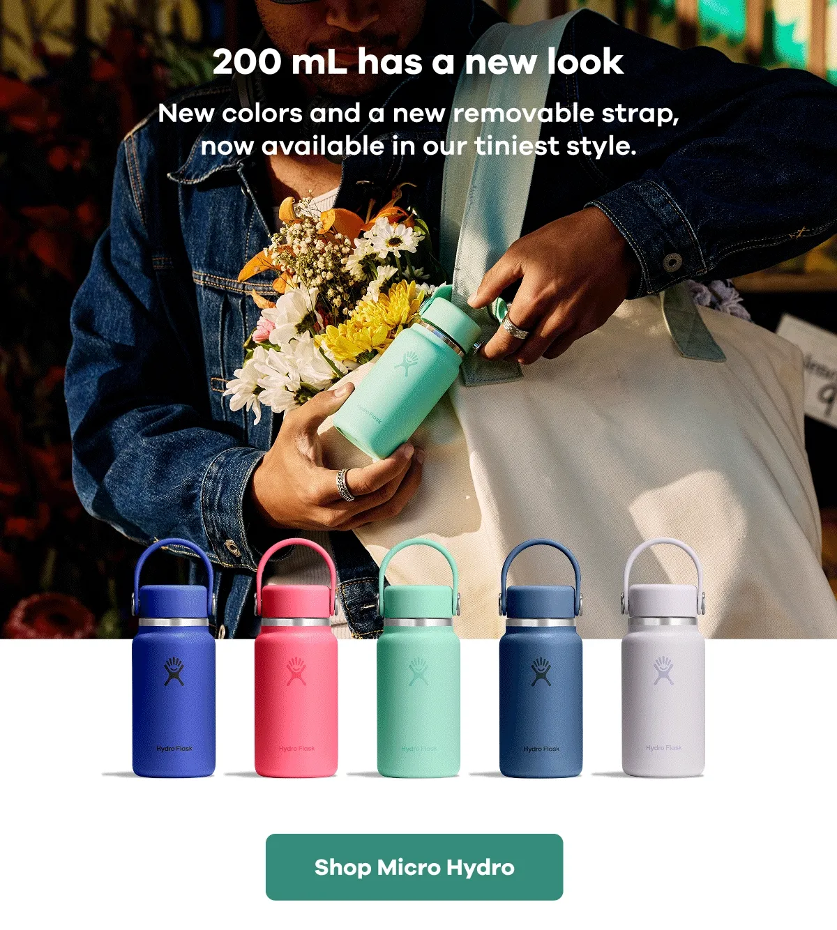 200 mL has a new look. New colors and a new removable strap, now available in our tiniest style. | Shop Micro Hydro