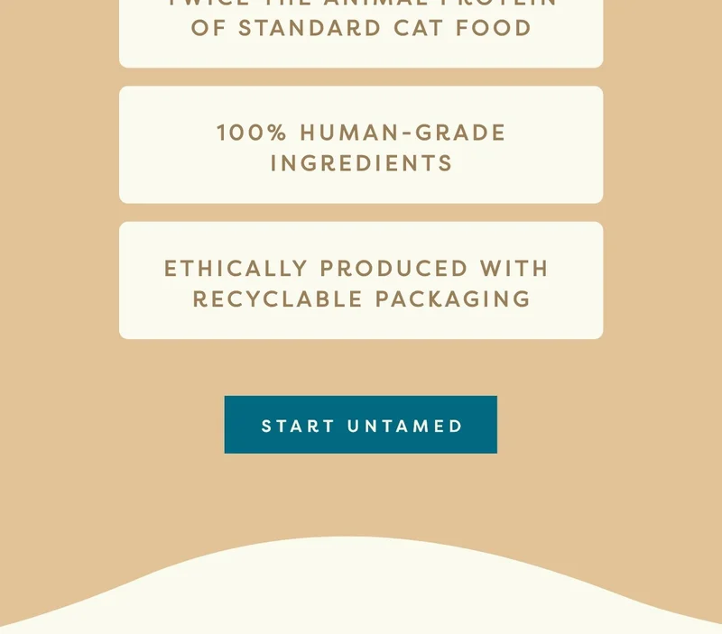 Twice the animal protein of standard cat food, 100% human-grade ingredients, ethically produced with recyclable packaging.