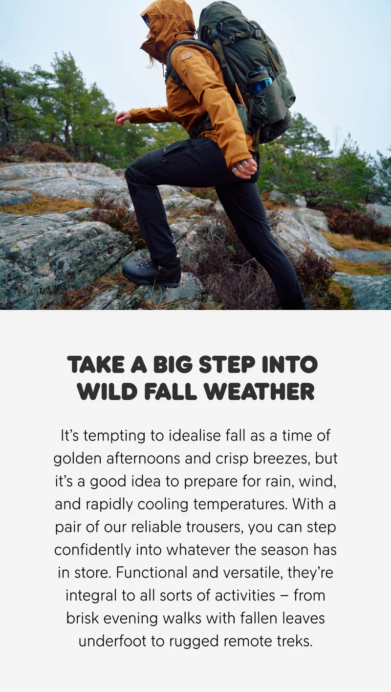 Here you’ll find clothes like trekking trousers, zip-off trousers, outdoor trousers and trekking tights.
