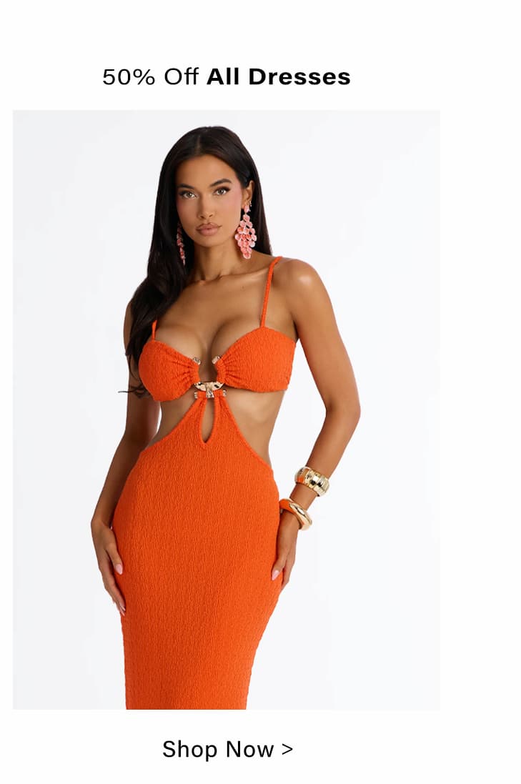 Orange textured cutout midi dress on woman. Shop 50% Off All Dresses sale now for trending summer styles.