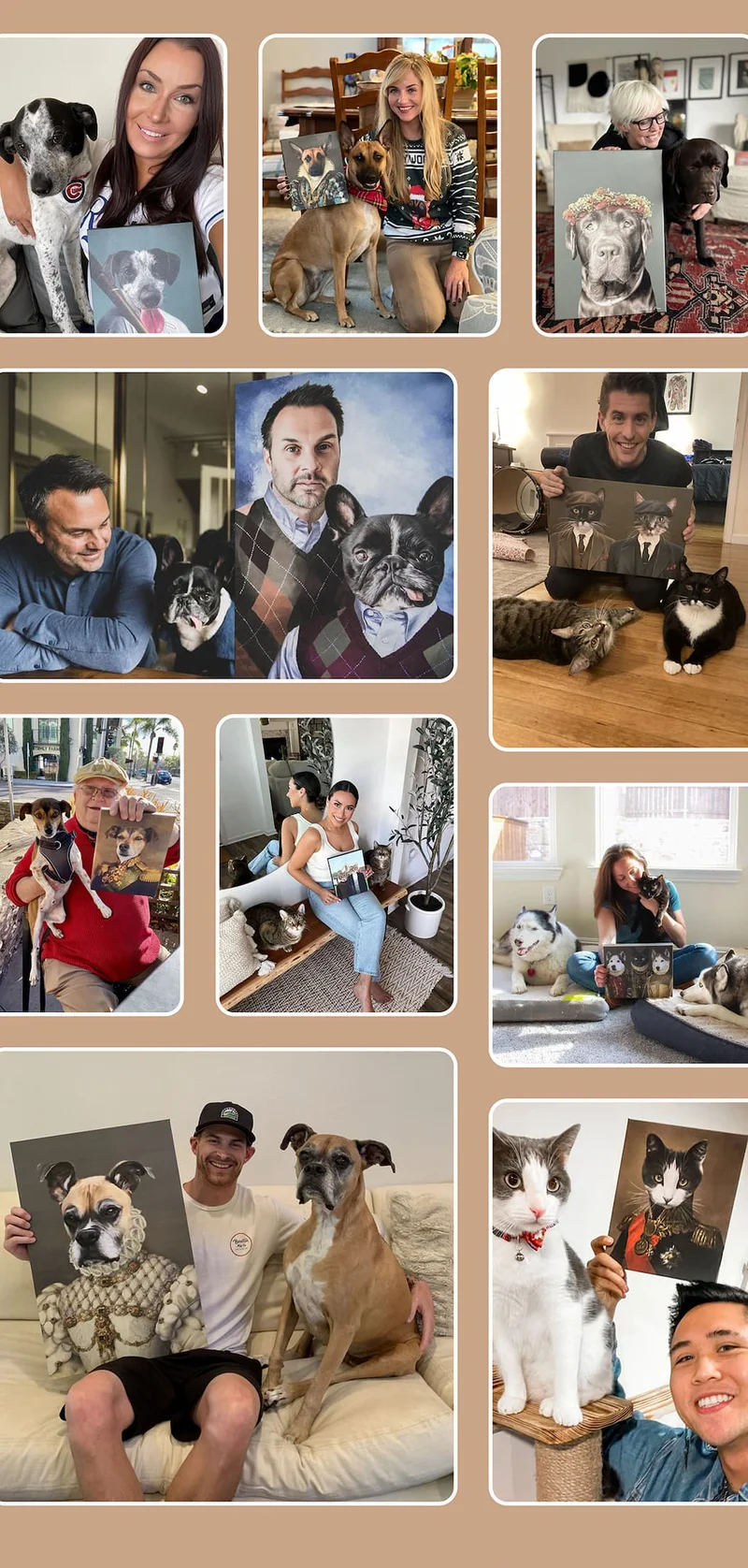 Collage of customer photos of pets and their matching portraits
