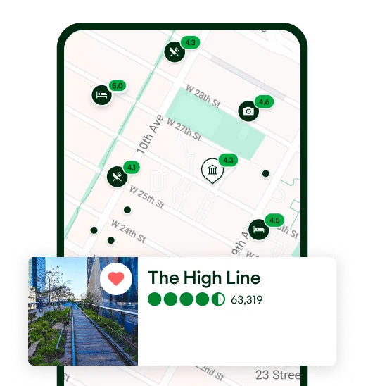 Image Description: A phone screen with a map of New York and geo pins highlighting various things to do including the High Line.