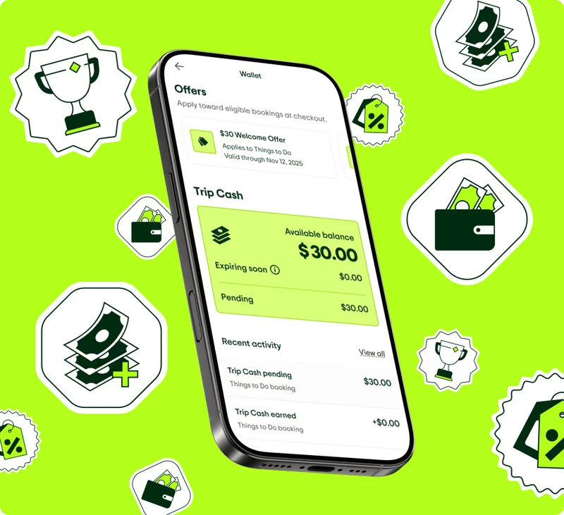 Image Description: A phone with a $30 Trip Cash offer and icons of a trophy, money, and a wallet in the background.
