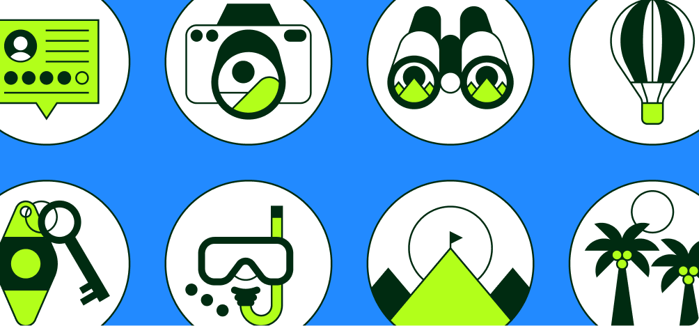 Image Description: Illustrations of various badges including review bubbles, a camera, binoculars, a hot air balloon, hotel keys, a snorkel mask, mountains, and palm trees.