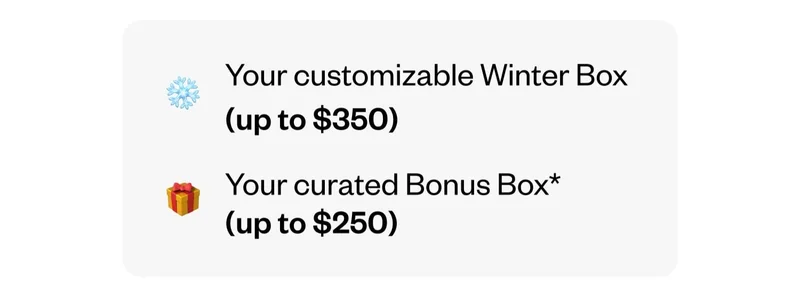 Your customizable Winter Box (up to $350) | Your curated Bonus Box (up to $250)