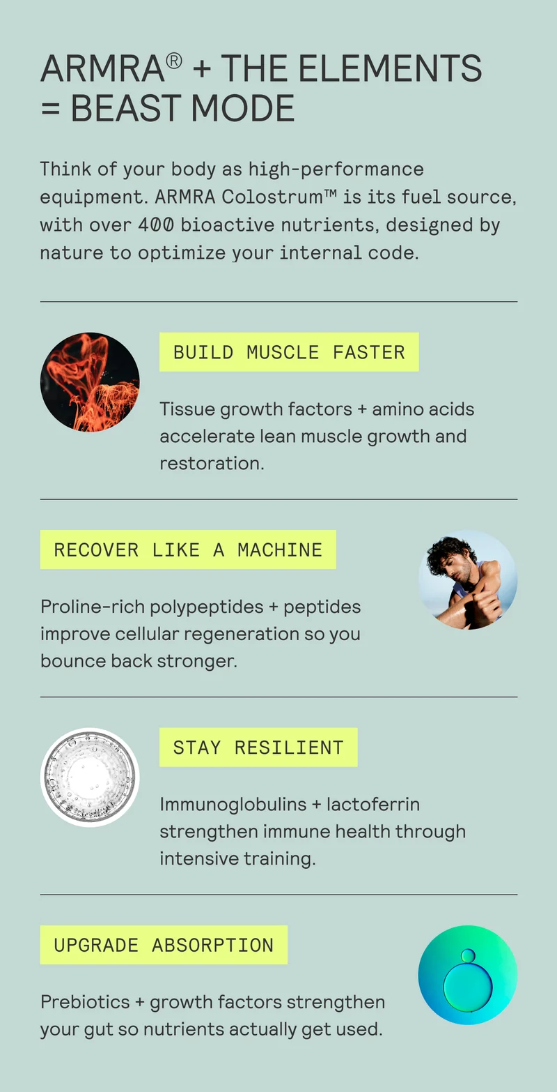 ARMRA® + THE ELEMENTS = BEAST MODE Think of your body as high-performance | equipment. ARMRA Colostrum™ is its fuel source, | with over 400 bioactive nutrients, designed by | nature to optimize your internal code. |