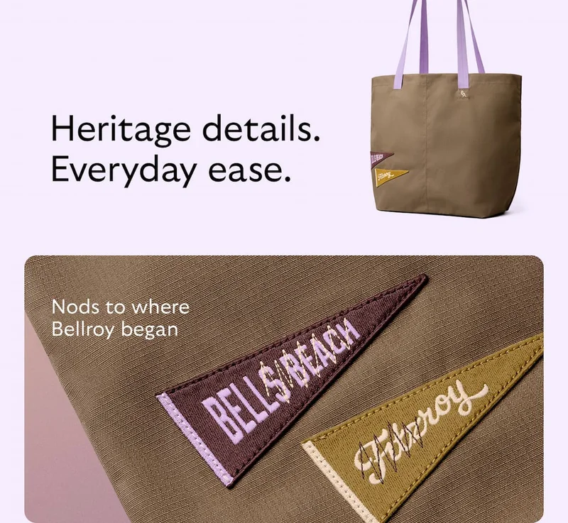 [Header] Heritage details. Everyday ease. [Annotation 1] Nods to where Bellroy began